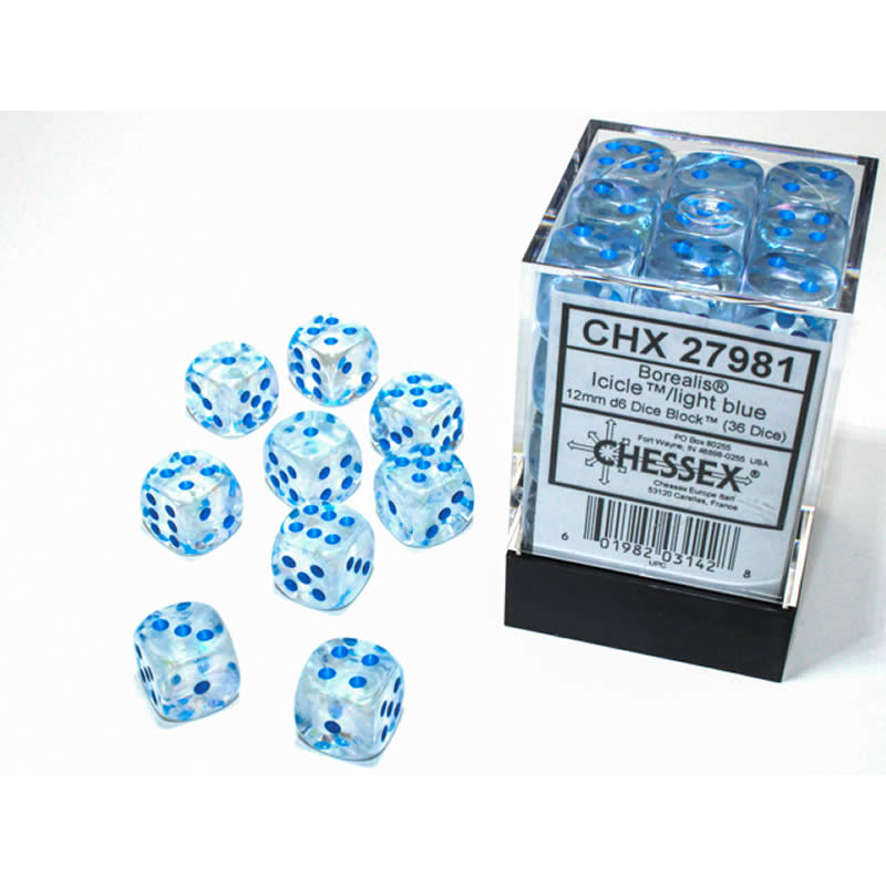 CHX27981 Icicle Borealis Dice Luminary Light Blue Pips D6 12mm (1/2in) Pack of 36 (ONLINE ORDER ONLY)