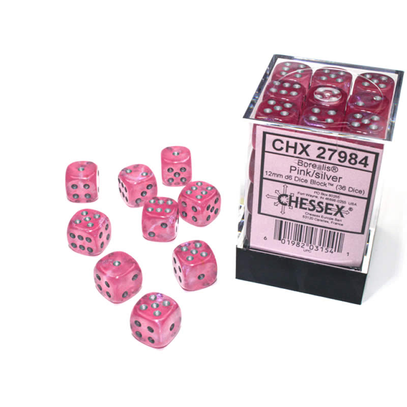 CHX27984 Pink Borealis Dice Luminary Silver Pips D6 12mm (1/2in) Pack of 36 (ONLINE ORDER ONLY)