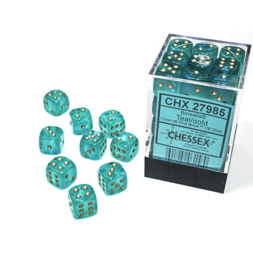 CHX27985 Teal Borealis Dice Luminary Gold Pips D6 12mm (1/2in) Pack of 36 (ONLINE ORDER ONLY)