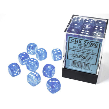 CHX27986 Sky Blue Borealis Dice Luminary White Pips D6 12mm (1/2in) Pack of 36 (ONLINE ORDER ONLY)