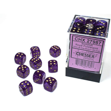 CHX27987 Royal Purple Borealis Dice Luminary with Gold Pips D6 12mm (1/2in) Pack of 36 (ONLINE ORDER ONLY)