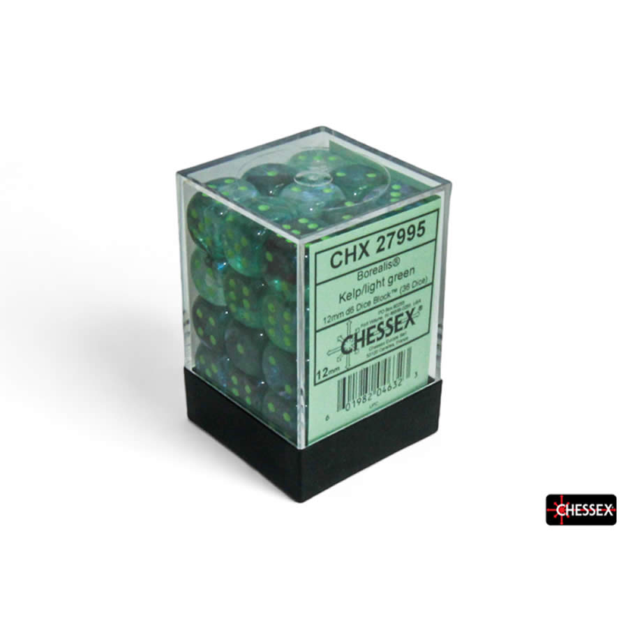 CHX27995 Kelp Borealis Luminary Dice with Light Green Pips D6 12mm (1/2in) Pack of 36 (ONLINE ORDER ONLY)