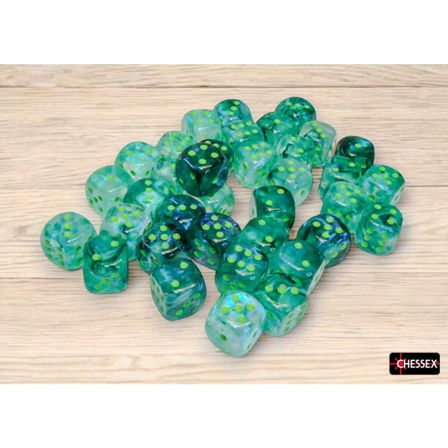 CHX27995 Kelp Borealis Luminary Dice with Light Green Pips D6 12mm (1/2in) Pack of 36 (ONLINE ORDER ONLY)