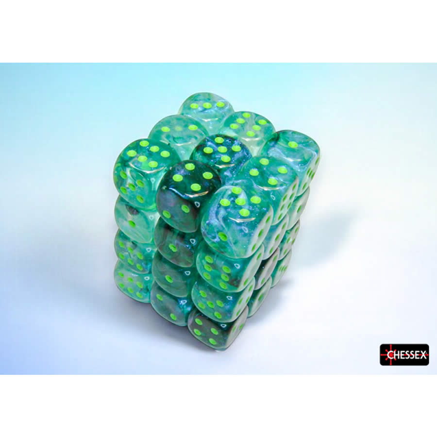 CHX27995 Kelp Borealis Luminary Dice with Light Green Pips D6 12mm (1/2in) Pack of 36 (ONLINE ORDER ONLY)
