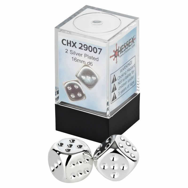 CHX29007 Silver Metallic Coated Dice with Pips D6 16mm (5/8in) Pack of 2 (ONLINE ORDER ONLY)