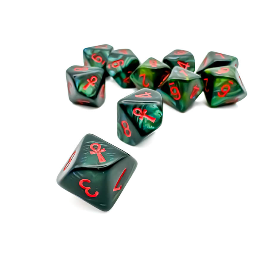 CHX29025 Jade Scarab Dice with Red Numbers and Ankh D10 16mm (5/8in) Pack of 10 (ONLINE ORDER ONLY)