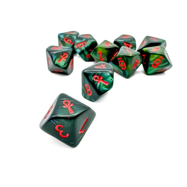 CHX29025 Jade Scarab Dice with Red Numbers and Ankh D10 16mm (5/8in) Pack of 10 (ONLINE ORDER ONLY)