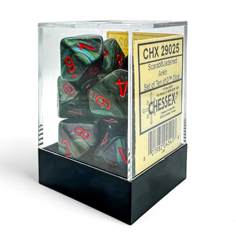 CHX29025 Jade Scarab Dice with Red Numbers and Ankh D10 16mm (5/8in) Pack of 10 (ONLINE ORDER ONLY)