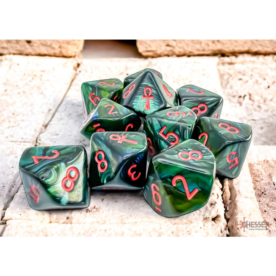 CHX29025 Jade Scarab Dice with Red Numbers and Ankh D10 16mm (5/8in) Pack of 10 (ONLINE ORDER ONLY)