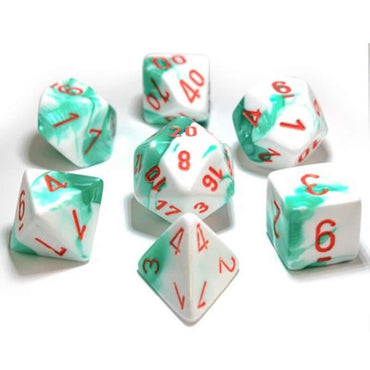 CHX30020 Mint Green White Gemini Dice Orange Numbers 16mm (5/8in) Set of 7 (ONLINE ORDER ONLY)