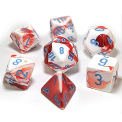 CHX30022 Red White Gemini Dice Blue Numbers 16mm (5/8in) Set of 7 (ONLINE ORDER ONLY)