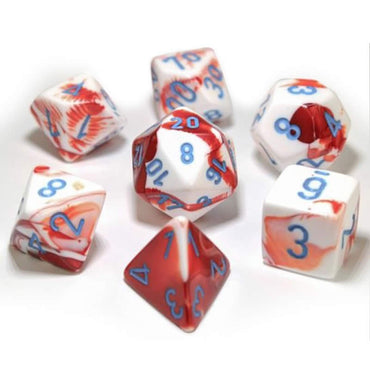 CHX30022 Red White Gemini Dice Blue Numbers 16mm (5/8in) Set of 7 (ONLINE ORDER ONLY)