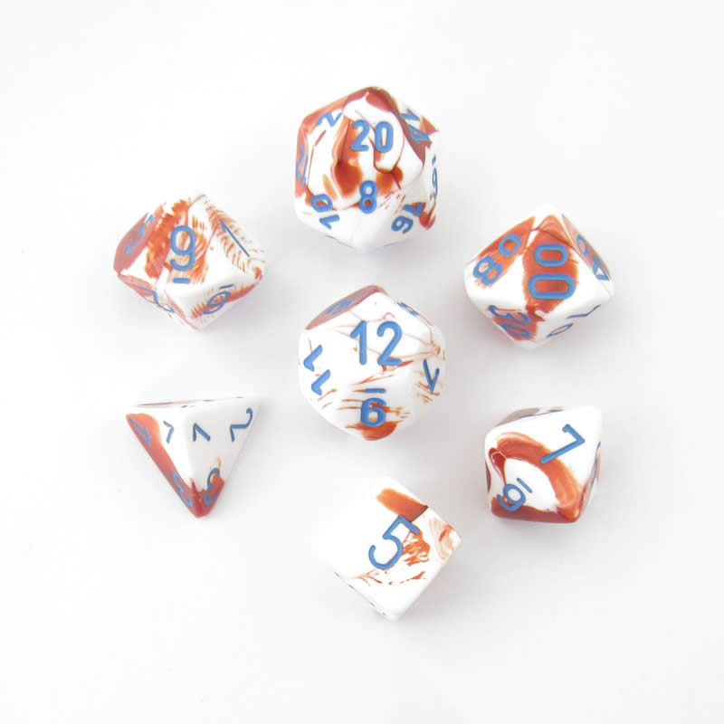 CHX30022 Red White Gemini Dice Blue Numbers 16mm (5/8in) Set of 7 (ONLINE ORDER ONLY)