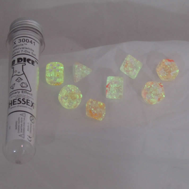 CHX30041 Supernova Nebula Luminary Dice with White Numbers 16mm (5/8in) Set of 7 (ONLINE ORDER ONLY)