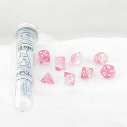CHX30042 Clear and Pink Gemini Luminary Dice White Numbers 16mm (5/8in) Set of 7 (ONLINE ORDER ONLY)