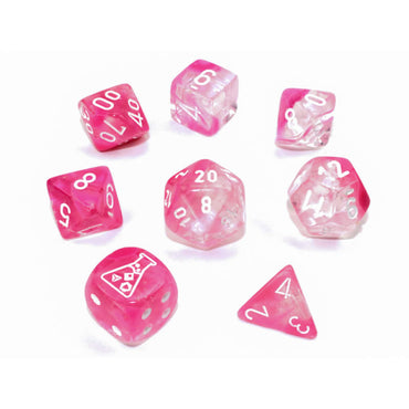 CHX30042 Clear and Pink Gemini Luminary Dice White Numbers 16mm (5/8in) Set of 7 (ONLINE ORDER ONLY)