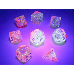 CHX30042 Clear and Pink Gemini Luminary Dice White Numbers 16mm (5/8in) Set of 7 (ONLINE ORDER ONLY)
