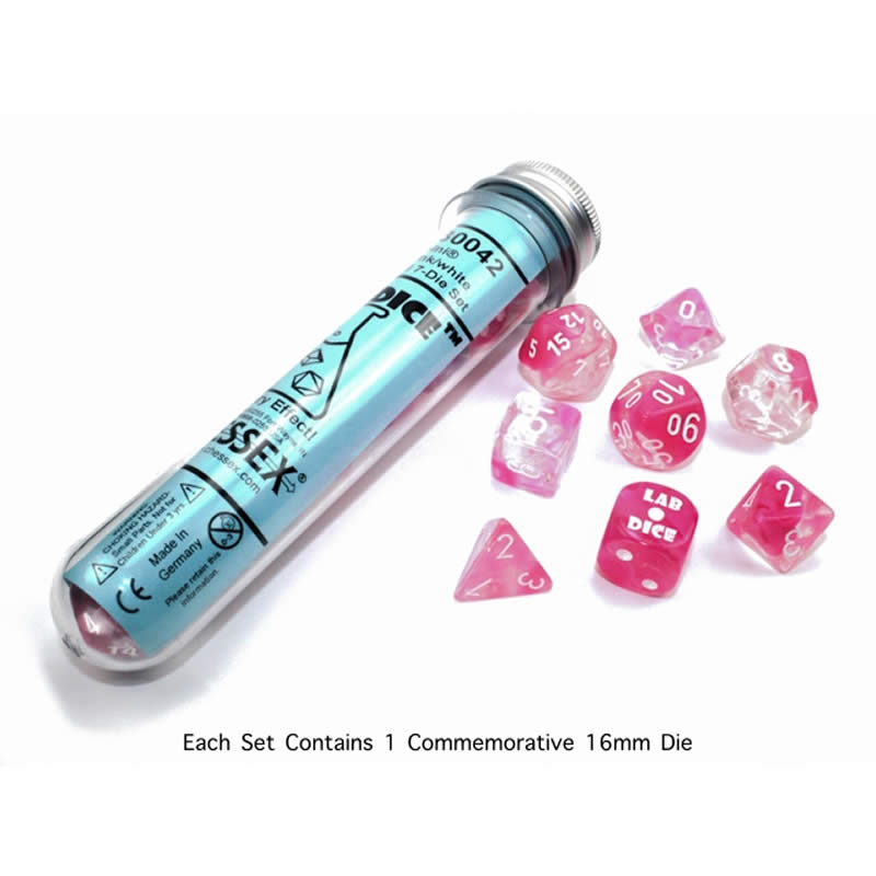 CHX30042 Clear and Pink Gemini Luminary Dice White Numbers 16mm (5/8in) Set of 7 (ONLINE ORDER ONLY)