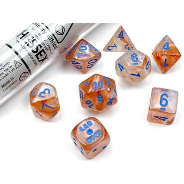 CHX30045 Rose Gold Borealis Luminary Dice with Light Blue Numbers 7+1 Dice Set 16mm (5/8in) (ONLINE ORDER ONLY)
