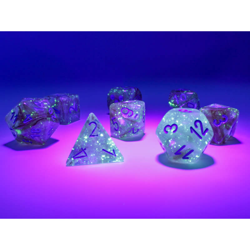 CHX30045 Rose Gold Borealis Luminary Dice with Light Blue Numbers 7+1 Dice Set 16mm (5/8in) (ONLINE ORDER ONLY)