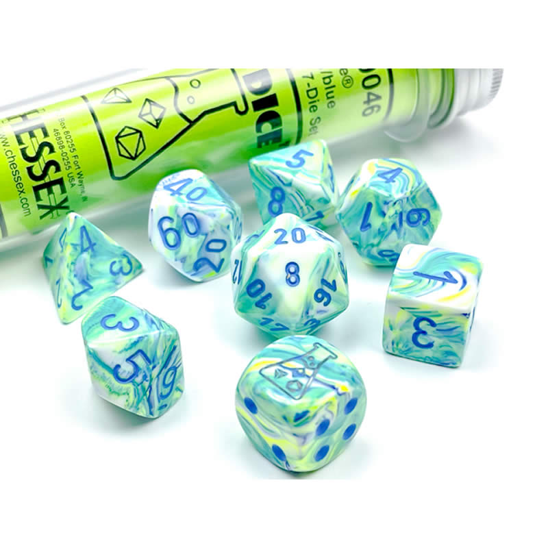 CHX30046 Garden Festive Luminary Dice with Blue Numbers 7+1 Dice Set 16mm (5/8in) (ONLINE ORDER ONLY)