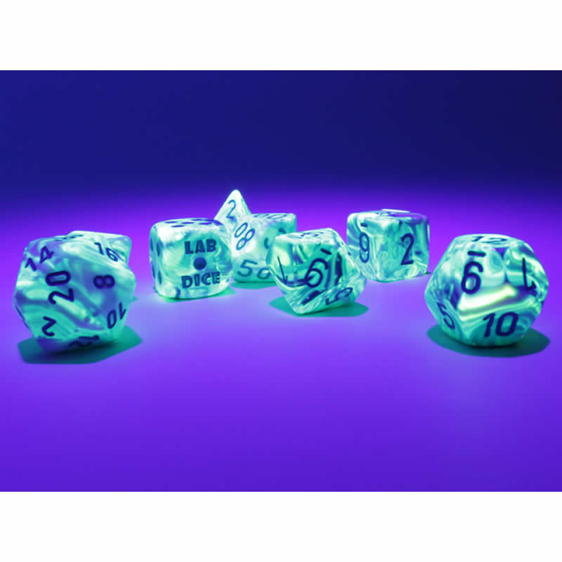 CHX30046 Garden Festive Luminary Dice with Blue Numbers 7+1 Dice Set 16mm (5/8in) (ONLINE ORDER ONLY)