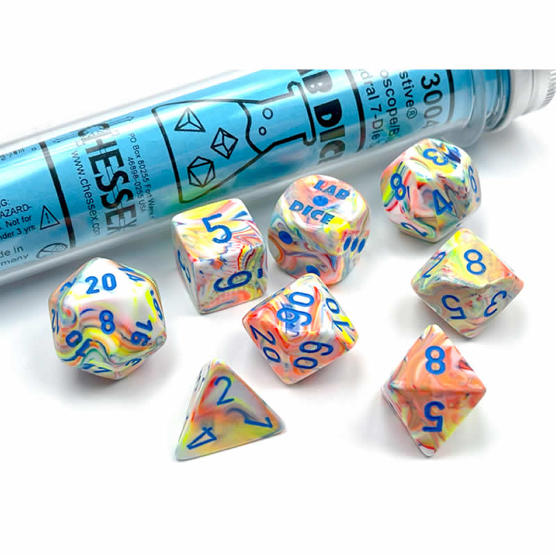 CHX30047 Kaleidoscope Festive Luminary Dice with Blue Numbers 7+1 Dice Set 16mm (5/8in) (ONLINE ORDER ONLY)