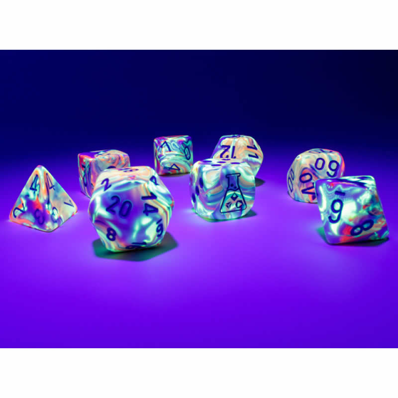 CHX30047 Kaleidoscope Festive Luminary Dice with Blue Numbers 7+1 Dice Set 16mm (5/8in) (ONLINE ORDER ONLY)