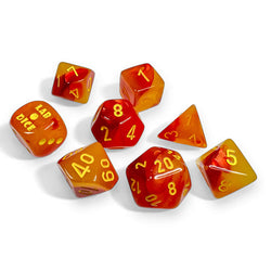 CHX30051 Gemini Gellow and Red with Yellow Numbers Luminary 7+1 Dice Set 16mm (5/8in) (ONLINE ORDER ONLY)