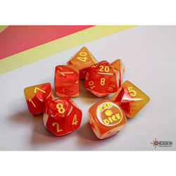 CHX30051 Gemini Gellow and Red with Yellow Numbers Luminary 7+1 Dice Set 16mm (5/8in) (ONLINE ORDER ONLY)