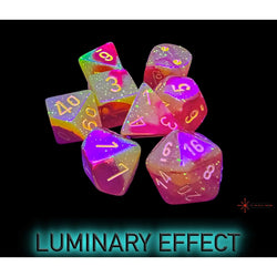 CHX30051 Gemini Gellow and Red with Yellow Numbers Luminary 7+1 Dice Set 16mm (5/8in) (ONLINE ORDER ONLY)