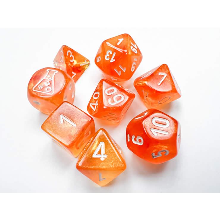 CHX30052 Borealis Blood Orange Luminary Dice with White Numbers 7+1 Dice Set 16mm (5/8in) (ONLINE ORDER ONLY)