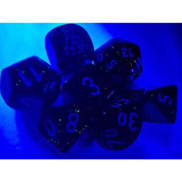CHX30052 Borealis Blood Orange Luminary Dice with White Numbers 7+1 Dice Set 16mm (5/8in) (ONLINE ORDER ONLY)