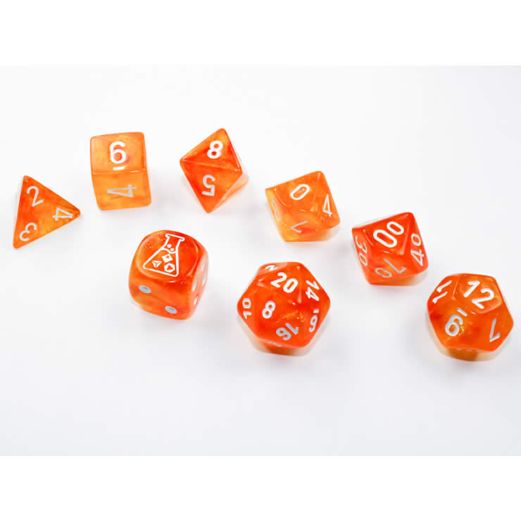 CHX30052 Borealis Blood Orange Luminary Dice with White Numbers 7+1 Dice Set 16mm (5/8in) (ONLINE ORDER ONLY)