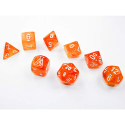 CHX30052 Borealis Blood Orange Luminary Dice with White Numbers 7+1 Dice Set 16mm (5/8in) (ONLINE ORDER ONLY)