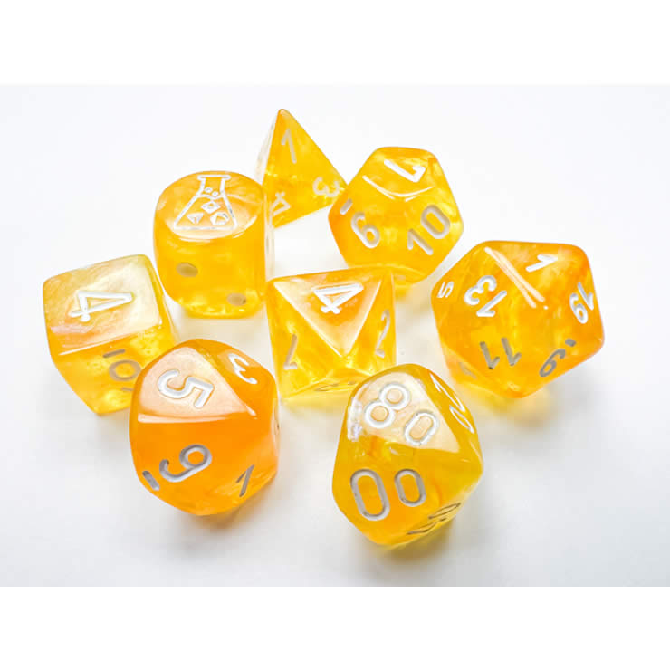 CHX30053 Borealis Canary Luminary Dice with White Numbers 7+1 Dice Set 16mm (5/8in) (ONLINE ORDER ONLY)