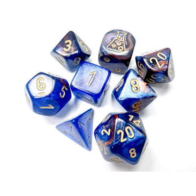 CHX30055  Azurite Lustrous Dice Gold Colored Numbers 7+1 Dice Set 16mm (5/8in) (ONLINE ORDER ONLY)
