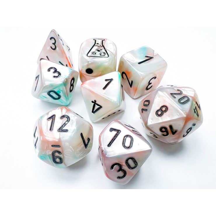 CHX30056 Sea Shell Lustrous Luminary Dice Black Numbers 7+1 Dice Set 16mm (5/8in) (ONLINE ORDER ONLY)