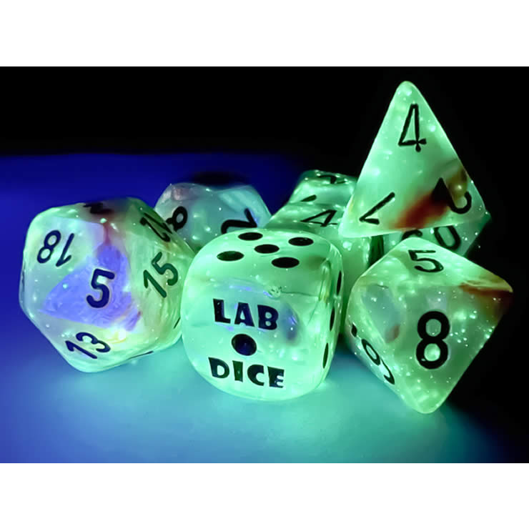 CHX30056 Sea Shell Lustrous Luminary Dice Black Numbers 7+1 Dice Set 16mm (5/8in) (ONLINE ORDER ONLY)
