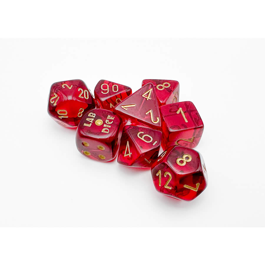 CHX30058 Crimson Translucent Dice with Gold Numbers 7+1 Dice Set 16mm (5/8in) (ONLINE ORDER ONLY)