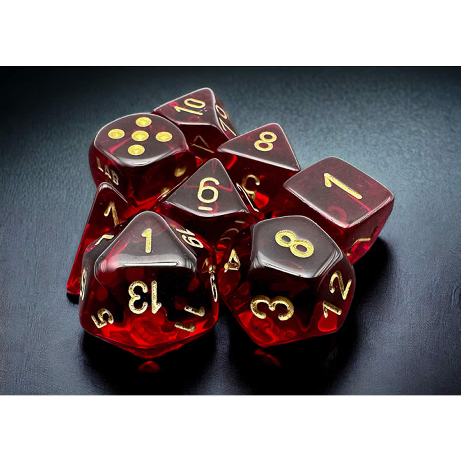 CHX30058 Crimson Translucent Dice with Gold Numbers 7+1 Dice Set 16mm (5/8in) (ONLINE ORDER ONLY)