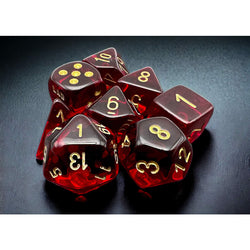 CHX30058 Crimson Translucent Dice with Gold Numbers 7+1 Dice Set 16mm (5/8in) (ONLINE ORDER ONLY)