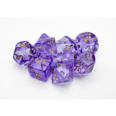 CHX30059 Lavender Translucent Dice with Gold Numbers 7+1 Dice Set 16mm (5/8in) (ONLINE ORDER ONLY)