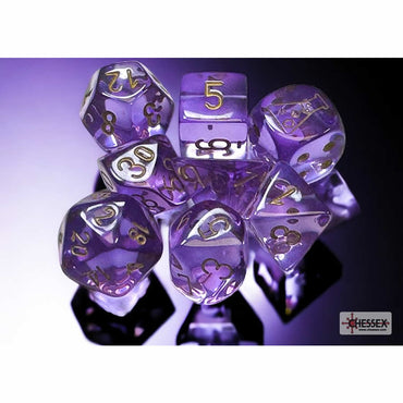 CHX30059 Lavender Translucent Dice with Gold Numbers 7+1 Dice Set 16mm (5/8in) (ONLINE ORDER ONLY)