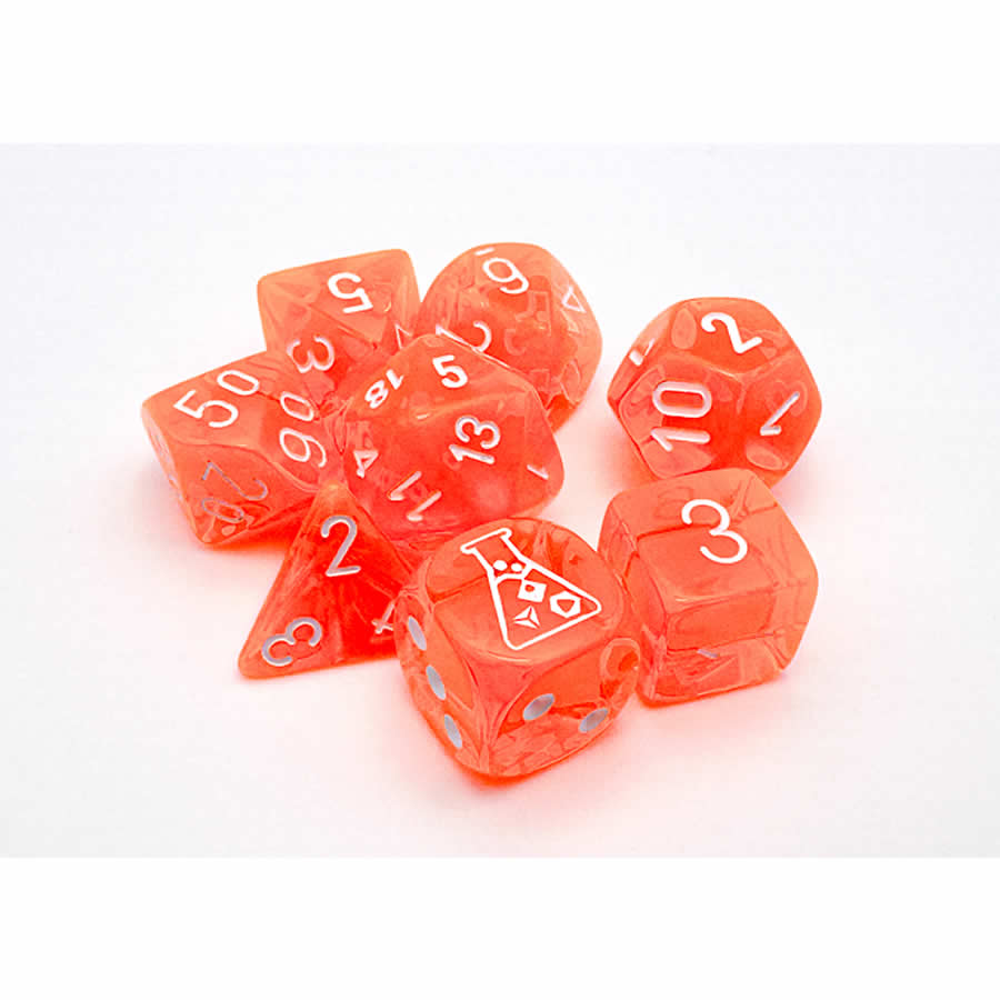 CHX30060 Neon Orange Translucent Dice with White Numbers 7+1 Dice Set 16mm (5/8in) (ONLINE ORDER ONLY)