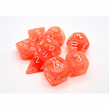 CHX30060 Neon Orange Translucent Dice with White Numbers 7+1 Dice Set 16mm (5/8in) (ONLINE ORDER ONLY)