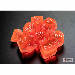 CHX30060 Neon Orange Translucent Dice with White Numbers 7+1 Dice Set 16mm (5/8in) (ONLINE ORDER ONLY)