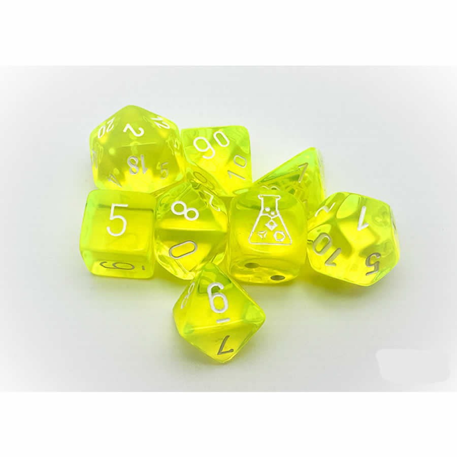 CHX30061 Neon Yellow Translucent Dice with White Numbers 7+1 Dice Set 16mm (5/8in) (ONLINE ORDER ONLY)