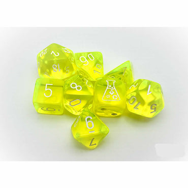 CHX30061 Neon Yellow Translucent Dice with White Numbers 7+1 Dice Set 16mm (5/8in) (ONLINE ORDER ONLY)