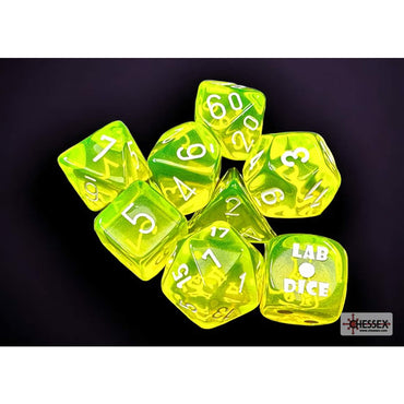 CHX30061 Neon Yellow Translucent Dice with White Numbers 7+1 Dice Set 16mm (5/8in) (ONLINE ORDER ONLY)